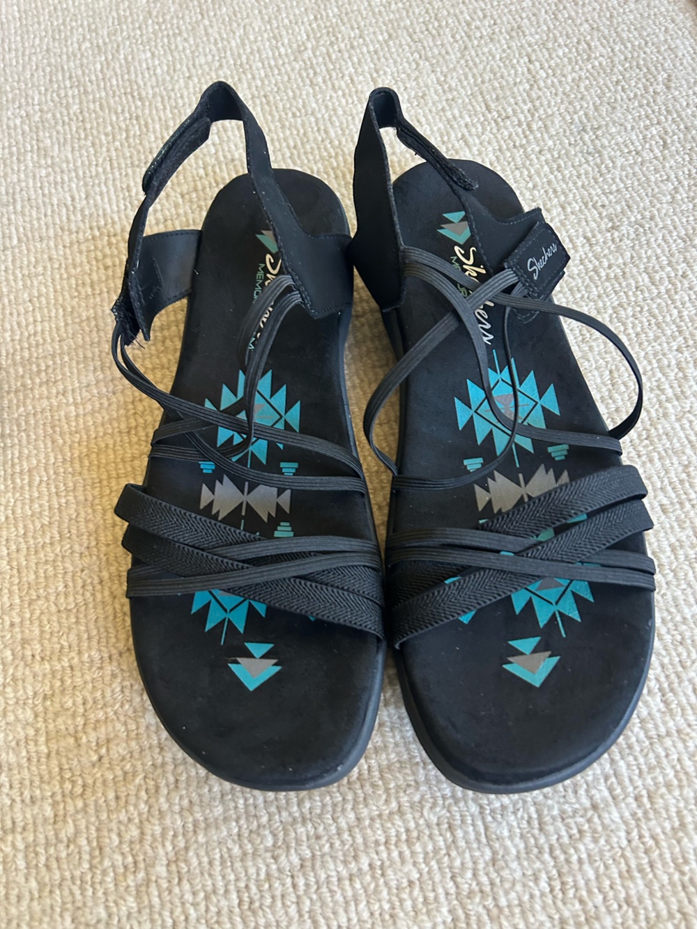 Skechers Black Sandals with Turquoise Geometric Insole - Women's
